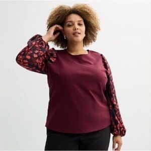 Women’s Burgundy Top with Floral Sleeves by Nine West Size 2X NWT